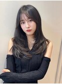 顔まわりカット_グレーベージュレイヤーロング黒髪前髪パーマ
