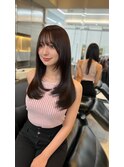 モモスト_グレーベージュレイヤーロング黒髪前髪パーマ