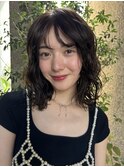 小顔ミディアムパーマボブルフワンレンネビージュボブパーマ黒髪