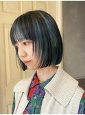 グリーン/ブラック/ボブ/ブリーチ
