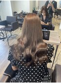 くびれヘアアプリコットオレンジ夏ハイライトカラー