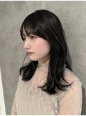 暗髪グレーベージュカラー/くびれミディアムヘア/レイヤーロング