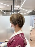 髪質改善トリートメント_マロンベージュ Aラインボブ かきあげ
