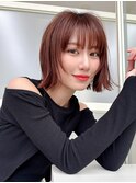 顔周りぱっつんシースルー外ハネボブチェリーピンクブラウン