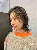 外はねミディアム/ベージュカラー/くびれヘア/