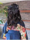 巻き髪ハーフアップ リボンアレンジ
