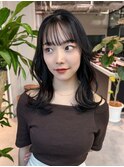 ロング暗めカラー韓国ヘアグレージュ顔周りレイヤー_F1118
