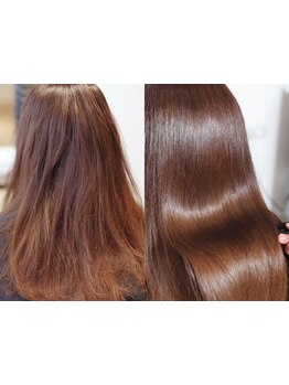 ダメージレスな縮毛矯正でまっすぐになり過ぎない柔らかストレートヘアに！思わず触れたくなるさらツヤ髪