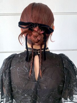 ヘアセット 編み込み お団子 リボンアレンジ 結婚式アレンジ