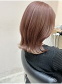 タッセルボブ長めボブ外ハネボブピンクベージュハイトーン