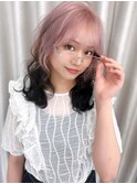 グラデーションカラー　ルーツカラー　ピンクアッシュ　カール