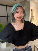 ミントグリーン シースルーバング 顔周りレイヤー ブリーチ ボブ