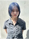 似合わせ韓国切りっぱなしボブハイトーンカラーブルーアッシュ