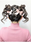 リボン網掛けカチューシャと高めツインお団子