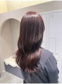 ロングヘア巻き髪暖色カラーブリーチしない赤みツヤカラー