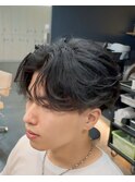 韓国へアカルマパーマワックスなしセンターパート黒髪ウルフ