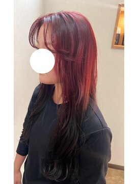 ブリーチダブルカラーグラデーションチェリーレッド無造作カール