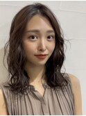 小顔ミディアムパーマボブルフワンレンネビージュボブパーマ黒髪