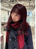 ディープワインレッド×ぱっつんバング
