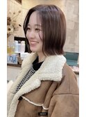 外ハネボブ　ミニボブ　前髪なし　マロンベージュ　ボブ　3０代