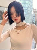 こなれミディボブ　イメチェン前髪　黒髪ボブ　ブルーブラック