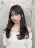 透明感グレージュカラー/ロングレイヤーワンカール/顔周りカット