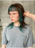 インナーカラーグリーンペールグリーン青緑ウルフカットレイヤー