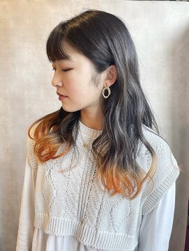 レクタ(recta) ロングヘア 裾カラー オレンジカラー