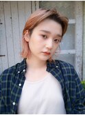 ミディアム前髪なしミディアムレイヤーピンクブリーチ