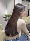 ロングレイヤー/アッシュグレージュ/ワンカール/長め前髪/艶髪