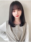 黒髪艶髪透明感小顔ぱっつん前髪顔まわりミディアムレイヤー