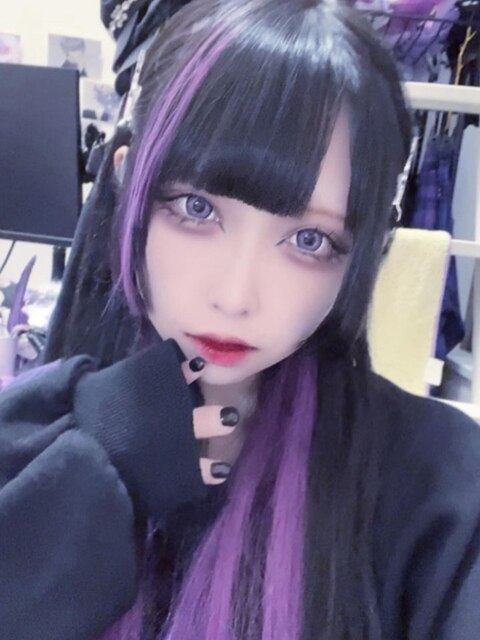 黒髪ロング×紫メッシュ、インナー/エクステ80枚/地雷系