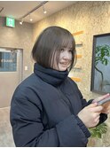 ワンレンボブ赤み消しオリーブベージュ透明感カラー