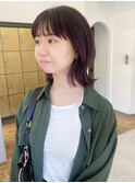 くびれヘア　レイヤー　軽め　ミディアム　赤髪　暗めカラー