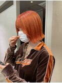 オレンジヘアー、切りっぱなしボブ【三上】