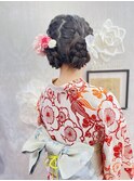 ［花火大会お祭り浴衣着付けへアセット 編み込みツイン×花飾り