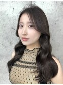 美髪オリーブグレージュ韓国レイヤーロングセミディ顔周り前髪