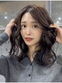 小顔ミディアムパーマボブルフワンレンネビージュボブパーマ黒髪
