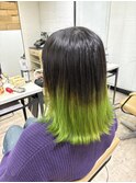 ネオングリーングラデーションカラー小顔ワンレンボブ所沢韓国