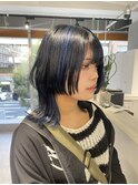 ウルフカット ブルーブラック 青メッシュ ブルーインナー