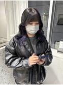インナーカラー　ブルーブラック　ラベンダー　ぱっつん前髪