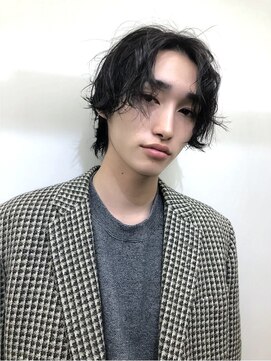 ノク 渋谷(nok) ミディアムスパイラルパーマ_黒髪小顔オリーブグレー