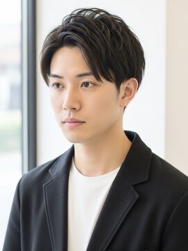 かきあげ七三アップバングニュアンスパーマツーブロック刈り上げ