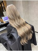 バレイヤージュ、ハイライト、レイヤーロング、グレーベージュ
