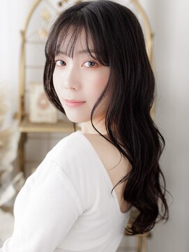 カバーヘア ブリス 川口(COVER HAIR bliss) 斜めバング黒髪ローライトカラーくびれレイヤーウェットヘア20代