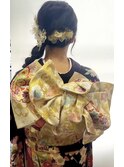 フェミニンロングウェーブミディアム着物ヘア成人式卒業式/三鷹