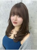 美髪カールピンクブラウン韓国レイヤーロングセミディ顔周り前髪