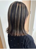 大人かわいい切りっぱなしミディアムハイライトくびれボブ本厚木