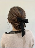 ベロアリボン×ゆるふわアップヘアセット