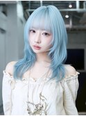 水色夏カラー×ハッシュカットロング_F1474